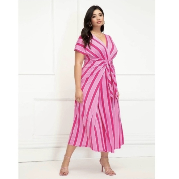 Eloquii Dresses & Skirts - Eloquii Pink Striped Twist-Front Midi Dress